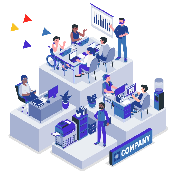 Illustration of a modern, collaborative office environment at Vintazk Outsourcing.